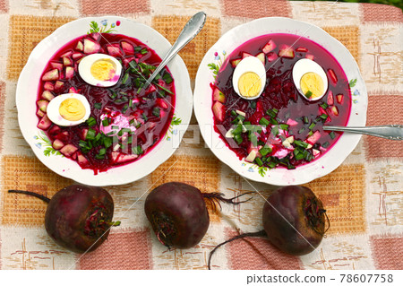 beetroot cold soup with cucumbers, boiled egg, green onion, garlic and sour cream beetroot cold soup with cucumbers, boiled egg, green onion, garlic and sour cream 78607758