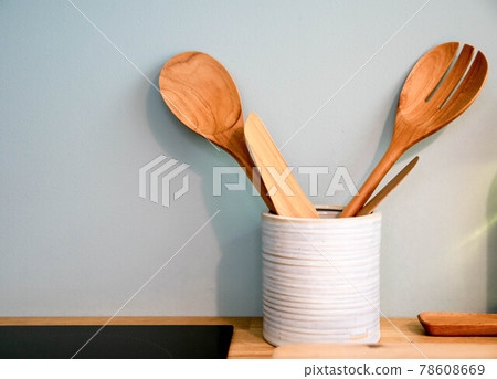 wood ladle and wood folk in the kitchen 78608669