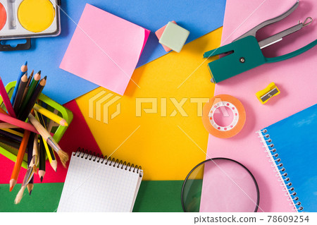 Assorted of school supplies. Back to school concept. 78609254