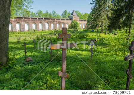 Orthodox crosses at the cemetery in the Borisoglebsky Monastery, Yaroslavl region, Russia. Orthodox crosses at the cemetery in the Borisoglebsky Monastery, Yaroslavl region, Russia. 78609791