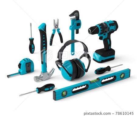 Isometric view of green construction tools for repair on white 78610145