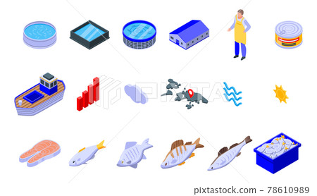 Fish farm icons set, isometric style Fish farm icons set, isometric style 78610989
