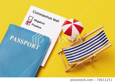 Passport, positive coronavirus test results and sun lounger on yellow background, ruined vacation due to illness Passport, positive coronavirus test results and sun lounger on yellow background, ruined vacation due to illness 78611251