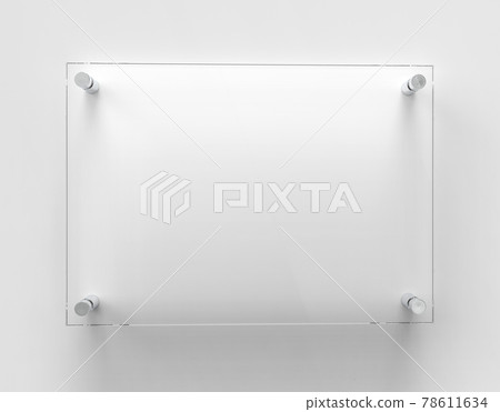 Blank A4 transparent glass office corporate Signage plate Mock Up Template, Clear Printing Board For Branding, Logo. Transparent acrylic advertising signboard mockup front view. 3D rendering 78611634