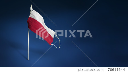 Poland mask on dark blue background. Waving flag of Poland painted on medical mask on pole. Concept of The banner of the fight against the epidemic coronavirus COVID-19. Copy space 78611644