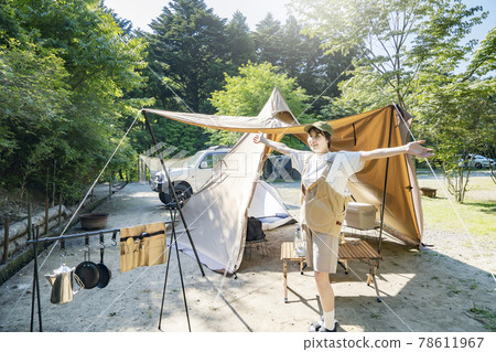 A woman enjoying solo camping A woman enjoying solo camping 78611967