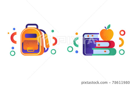 School Symbols Set, Backpack, Apple and Stack of Books Supplies Flat Vector Illustration School Symbols Set, Backpack, Apple and Stack of Books Supplies Flat Vector Illustration 78611980