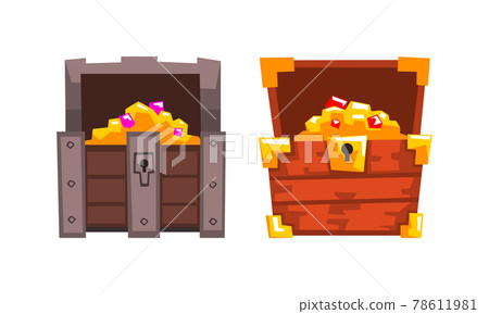 Treasure Wooden Brown Chests Set, Opened Old Pirate Dower Chest with Gold Cartoon Vector Illustration Treasure Wooden Brown Chests Set, Opened Old Pirate Dower Chest with Gold Cartoon Vector Illustration 78611981