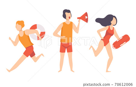 Beach Lifeguards Ensuring Safety Set, Professional Rescuers Characters in Action Cartoon Vector Illustration 78612006