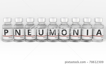 Letters on medicine vials compose PNEUMONIA text, conceptual 3d rendering 78612309