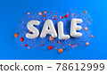 sale bright white glossy letters on a blue abstract background with spheres around. 3d illustration 78612999