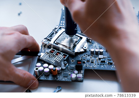 Repair computers. Technology maintenance hardware from man engineer. Electronic technician pc service. 78613339