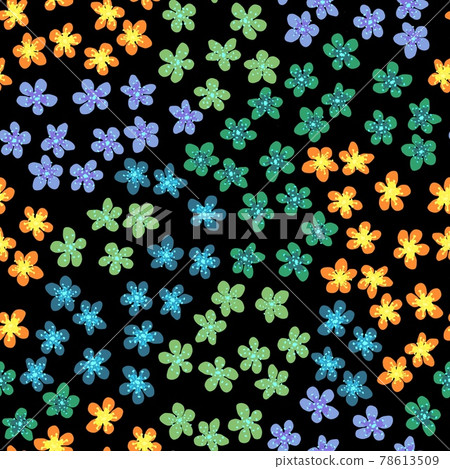 Seamless pattern with blossoming Japanese cherry sakura for fabric, packaging, wallpaper, textile decor, design, invitations, print, gift wrap, manufacturing. Colored flowers on black background. Seamless pattern with blossoming Japanese cherry sakura for fabric, packaging, wallpaper, textile decor, design, invitations, print, gift wrap, manufacturing. Colored flowers on black background. 78613509