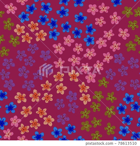 Seamless pattern with blossoming Japanese cherry sakura for fabric, packaging, wallpaper, textile decor, design, invitations, print, gift wrap, manufacturing. Colored flowers on red background. Seamless pattern with blossoming Japanese cherry sakura for fabric, packaging, wallpaper, textile decor, design, invitations, print, gift wrap, manufacturing. Colored flowers on red background. 78613510
