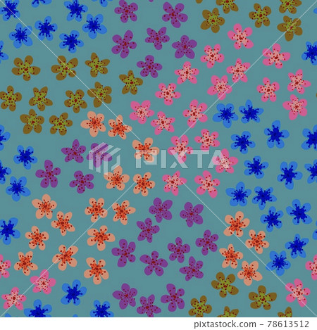 Seamless pattern with blossoming Japanese cherry sakura for fabric, packaging, wallpaper, textile decor, design, invitations, print, gift wrap, manufacturing. Colored flowers on teal background. Seamless pattern with blossoming Japanese cherry sakura for fabric, packaging, wallpaper, textile decor, design, invitations, print, gift wrap, manufacturing. Colored flowers on teal background. 78613512