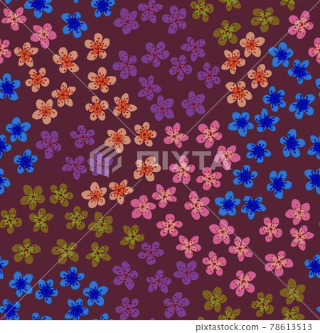 Seamless pattern with blossoming Japanese cherry sakura for fabric, packaging, wallpaper, textile decor, design, invitations, print, gift wrap, manufacturing. Colored flowers on maroon background. Seamless pattern with blossoming Japanese cherry sakura for fabric, packaging, wallpaper, textile decor, design, invitations, print, gift wrap, manufacturing. Colored flowers on maroon background. 78613513