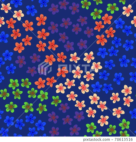 Seamless pattern with blossoming Japanese cherry sakura for fabric, packaging, wallpaper, textile decor, design, invitations, print, gift wrap, manufacturing. Colored flowers on blue background. Seamless pattern with blossoming Japanese cherry sakura for fabric, packaging, wallpaper, textile decor, design, invitations, print, gift wrap, manufacturing. Colored flowers on blue background. 78613516