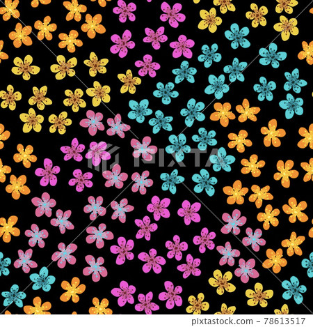 Seamless pattern with blossoming Japanese cherry sakura for fabric, packaging, wallpaper, textile decor, design, invitations, print, gift wrap, manufacturing. Colored flowers on black background. Seamless pattern with blossoming Japanese cherry sakura for fabric, packaging, wallpaper, textile decor, design, invitations, print, gift wrap, manufacturing. Colored flowers on black background. 78613517