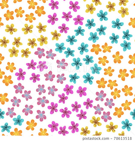 Seamless pattern with blossoming Japanese cherry sakura for fabric, packaging, wallpaper, textile decor, design, invitations, print, gift wrap, manufacturing. Colored flowers on white background. Seamless pattern with blossoming Japanese cherry sakura for fabric, packaging, wallpaper, textile decor, design, invitations, print, gift wrap, manufacturing. Colored flowers on white background. 78613518