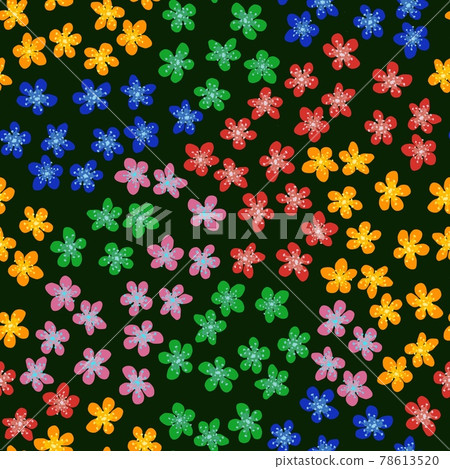 Seamless pattern with blossoming Japanese cherry sakura for fabric, packaging, wallpaper, textile decor, design, invitations, print, gift wrap, manufacturing. Colored flowers on dark green background. Seamless pattern with blossoming Japanese cherry sakura for fabric, packaging, wallpaper, textile decor, design, invitations, print, gift wrap, manufacturing. Colored flowers on dark green background. 78613520