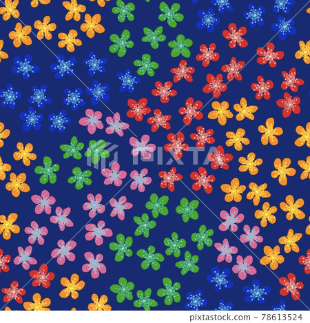 Seamless pattern with blossoming Japanese cherry sakura for fabric, packaging, wallpaper, textile decor, design, invitations, print, gift wrap, manufacturing. Colored flowers on navy background. Seamless pattern with blossoming Japanese cherry sakura for fabric, packaging, wallpaper, textile decor, design, invitations, print, gift wrap, manufacturing. Colored flowers on navy background. 78613524