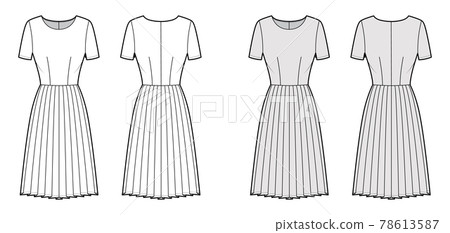Dress pleated technical fashion illustration with short sleeves, fitted body, knee length skirt. Flat apparel front 78613587
