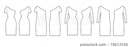 Set of Dresses one shoulder technical fashion illustration with long elbow short sleeve, oversized fitted, pencil skirt 78613588