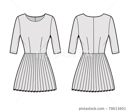 Dress pleated technical fashion illustration with elbow sleeves, fitted body, mini length skirt. Flat apparel front Dress pleated technical fashion illustration with elbow sleeves, fitted body, mini length skirt. Flat apparel front 78613601