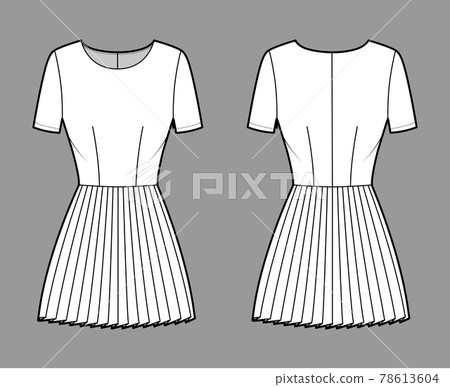 Dress pleated technical fashion illustration with short sleeves, fitted body, mini length skirt. Flat apparel front 78613604