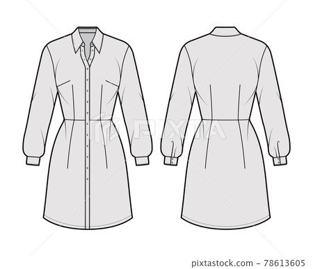 Dress shirt technical fashion illustration with long sleeves, fitted body, knee length pencil skirt, button closure Dress shirt technical fashion illustration with long sleeves, fitted body, knee length pencil skirt, button closure 78613605