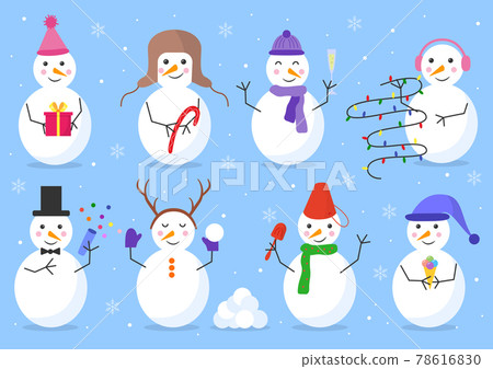 Snowmens joyful happy white vector flat style set Snowmens joyful happy white vector flat style set 78616830