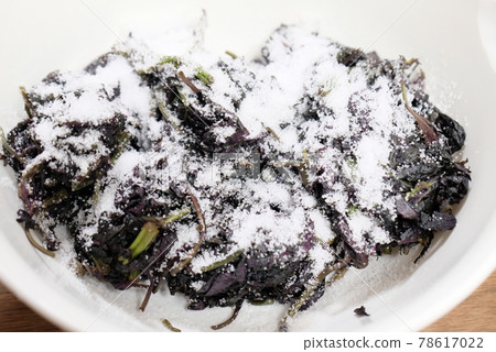 Umeboshi making (extracted red perilla and salt) Umeboshi making (extracted red perilla and salt) 78617022