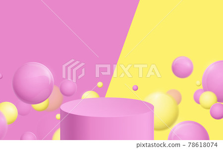 Pink and Yellow product display mockup. 3d podium with Bubble balls floating. Vector illustration Pink and Yellow product display mockup. 3d podium with Bubble balls floating. Vector illustration 78618074