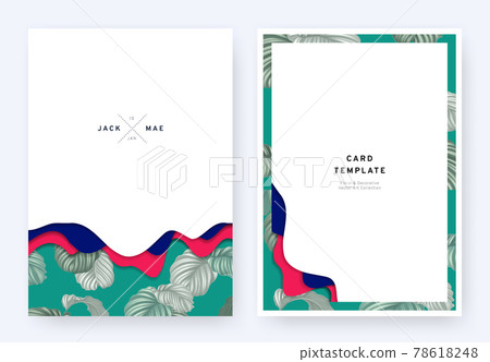 Foliage wedding invitation card template design, paper cut waves and tropical plants pattern 78618248