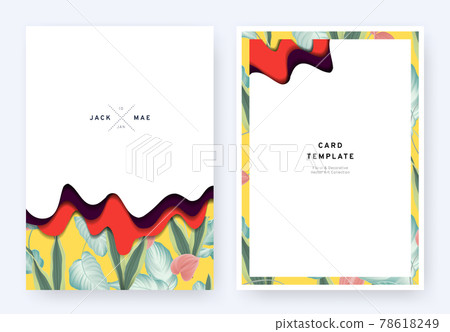 Foliage wedding invitation card template design, paper cut waves and tropical plants pattern 78618249