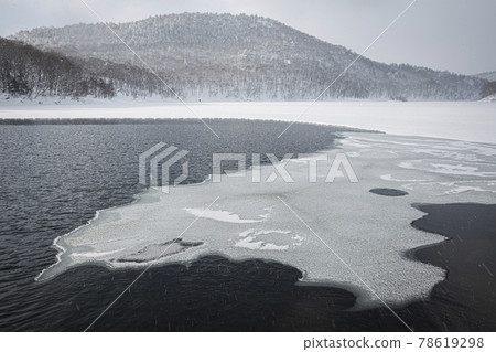 開始結冰的琵琶池積雪，勾勒出花紋。 78619298