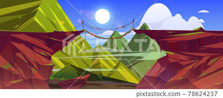 Suspended bridge hang above steep mountain cliff 78624237