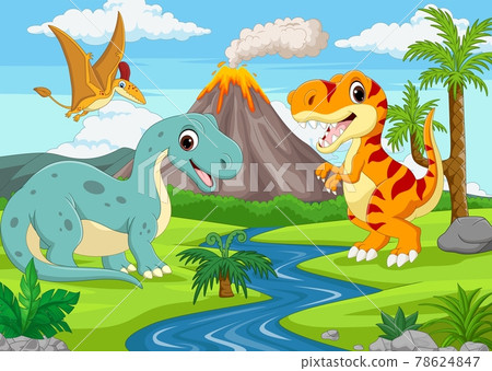 Group of funny cartoon dinosaurs in the jungle Group of funny cartoon dinosaurs in the jungle 78624847