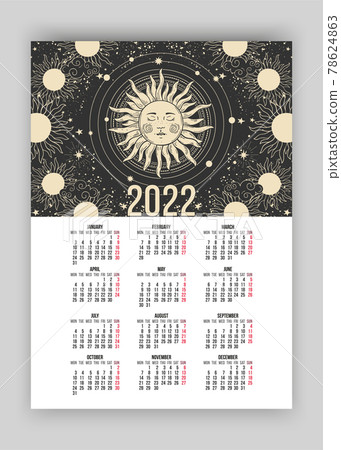 Mystical Tarot calendar for 2022 in astrological boho style, sun faces on a black background. Week starts on Monday. A4 European calendar vertical design template 78624863