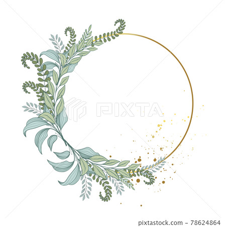 Elegant frame of forest green leaves and fern, round wreath of plants. Green bouquet and gold frame for wedding invitation. Vector illustration isolated on white background. Elegant frame of forest green leaves and fern, round wreath of plants. Green bouquet and gold frame for wedding invitation. Vector illustration isolated on white background. 78624864