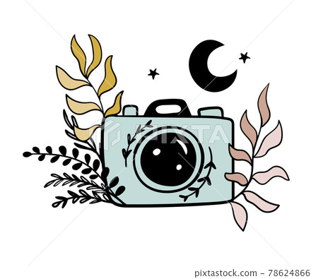 Boho photo camera icon, tattoo, vintage symbol for photographer. Camera with lens and flash. Vector illustration isolated on white background. 78624866