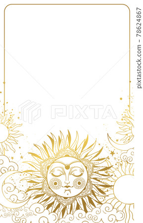 Modern sky background with golden sun with face, astrology and horoscope frame, boho poster with white copy space. Hand drawn vector illustration. Modern sky background with golden sun with face, astrology and horoscope frame, boho poster with white copy space. Hand drawn vector illustration. 78624867