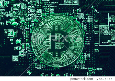 digital money bitcoin cryptocurrency coin on electicity computer computer circuit board color tone. digital money bitcoin cryptocurrency coin on electicity computer computer circuit board color tone. 78625257