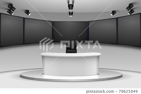 white table and led screen background in a news studio room 78625849