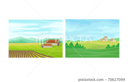 Country View with Sown Field, House and Pasture Land as Green Landscape Vector Set 78627099