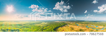 Aerial View Green Forest Woods And River Landscape In Sunny Summer Day. Top View Of Beautiful European Nature From High Attitude In Spring Season. Drone View. Bird's Eye View. Panorama 78627588