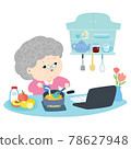 Happy grandmother is cooking food in her kitchen  by using recipe from the internet vector. 78627948