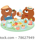 Happy cartoon bear enjoying mocktail together in the backyard at their home vector illustration. 78627949