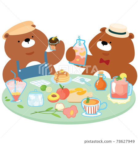 Happy cartoon bear enjoying mocktail together in the backyard at their home vector illustration. 78627949
