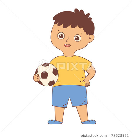 Cute boy footballer standing and holding the ball in his hand. Kid with a soccer ball in flat and cartoon style. Vector illustration on white background 78628551